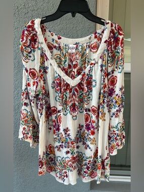 Bila Women’s Floral Boho V-Neck 3/4 Sleeve Festival Peasant Top Size M